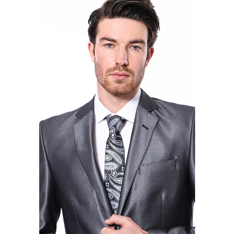 Plain Shiny Grey Slim Fit Suit | Wessi