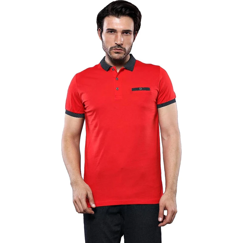 Navy Detailed Men's Polo Shirt Red | Wessi