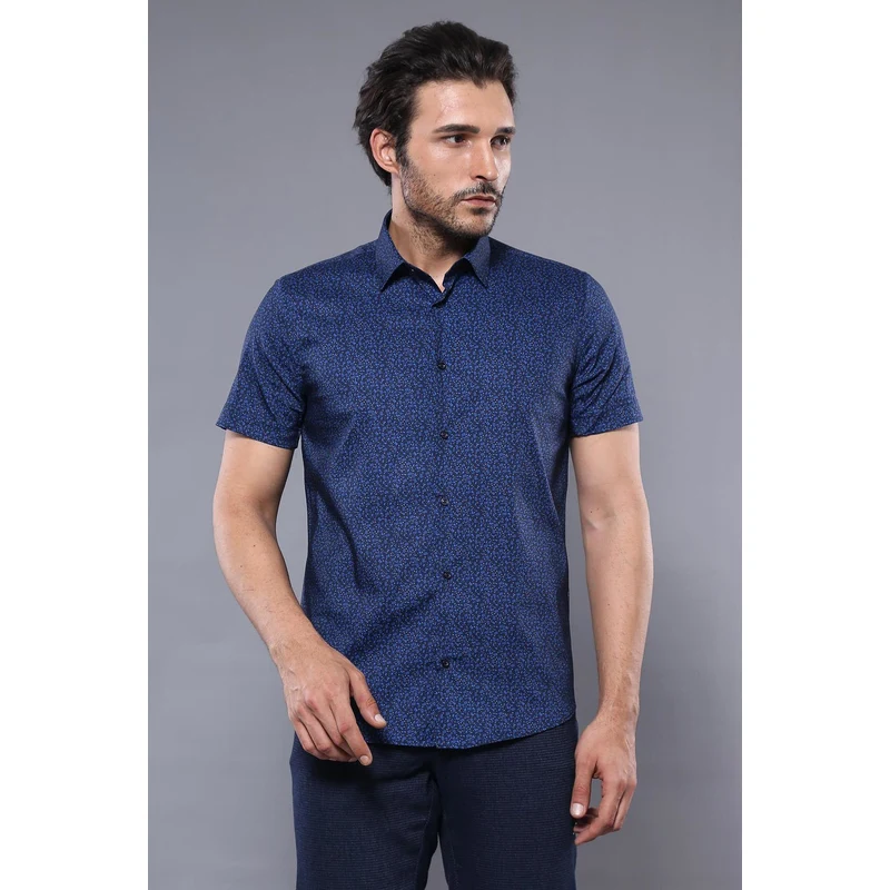 Navy Blue Patterned Short Sleeve Shirt | Wessi