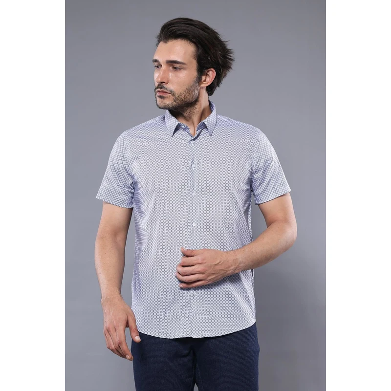 Patterned Short Sleeve Blue Men's Shirt | Wessi