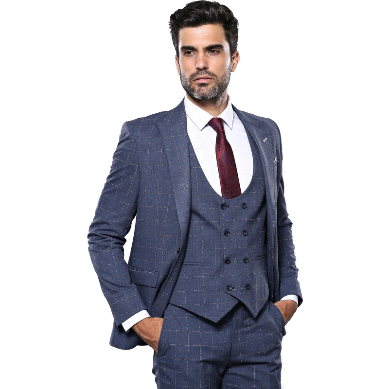 Dark Blue Vested Checked Suit | Wessi