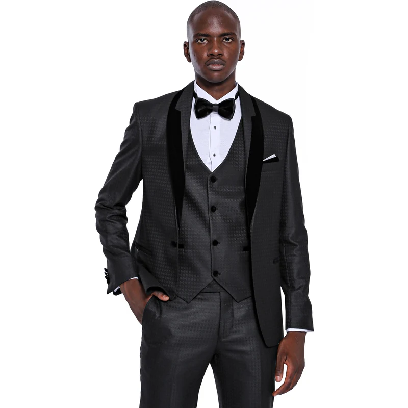 Wessi Shawl Lapel Patterned Grey Groom Suit