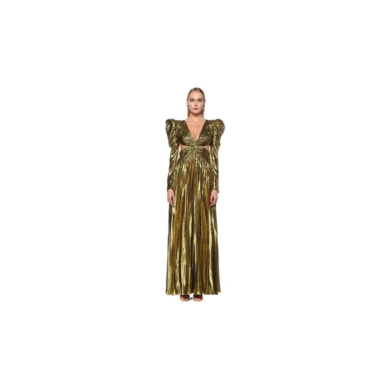 Raisa Vanessa Kadın Gold Yakası Drapeli Vatkalı Maksi Abiye Elbise Altın Rengi 36 EU
