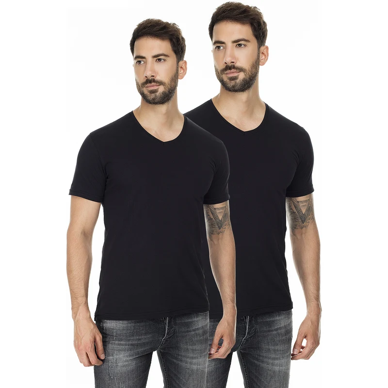 Buratti 2 Pack Basic V Yaka Slim Fit Erkek T Shirt 5722512v2 Siyah-siyah