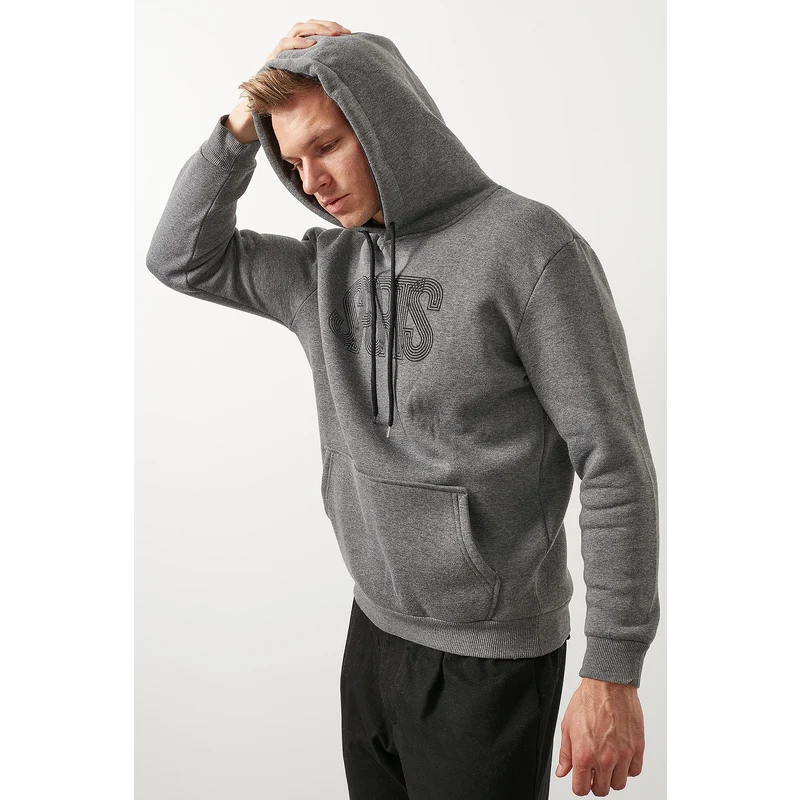 Buratti Slim Fit Pamuklu Kanguru Cepli Şardonlu Kışlık Kapüşonlu Erkek Sweat 5827003 Antrasit Melanj