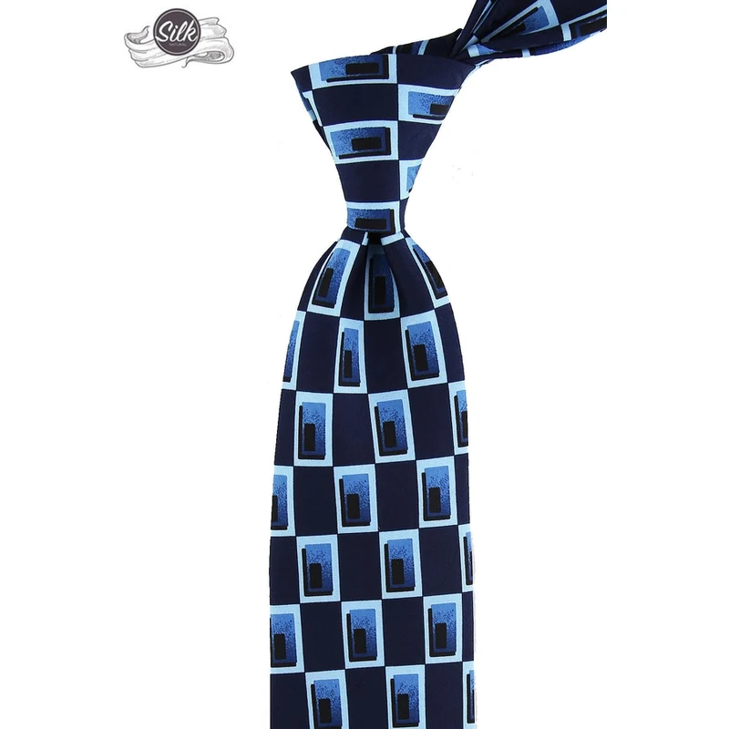 Kravatkolik Navy Blue Motif Pattern Printed Silk Tie İK556