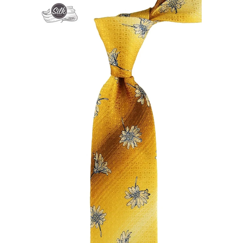 Kravatkolik Yellow Floral Pattern Printed Silk Tie İK568