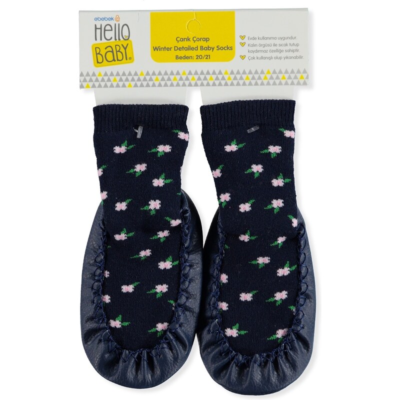 HelloBaby Cıcek Desenlı Çarık Kız Bebek Çorap - Lacivert