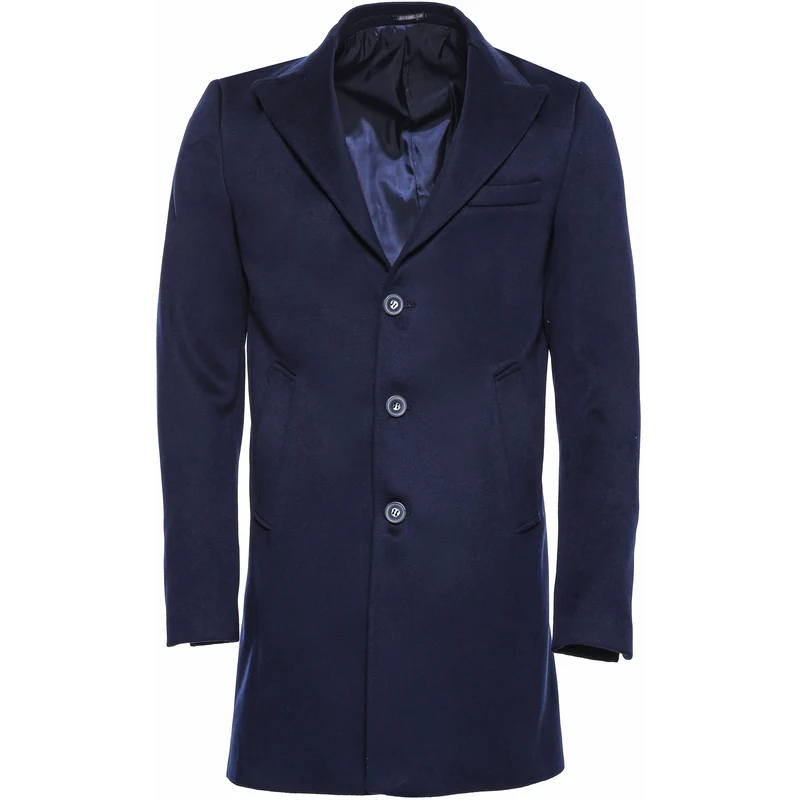 Wessi Wide Pointed Collar Navy Blue Over Knee Coat