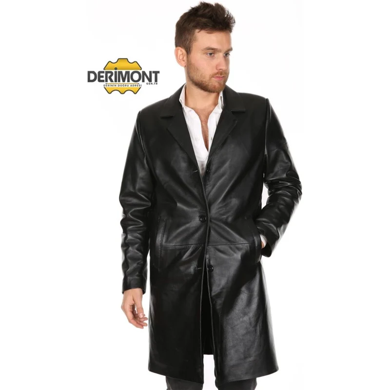 Derimont's Hakiki Deri Siyah Üç Düğmeli Uzun Erkek Deri Ceket
