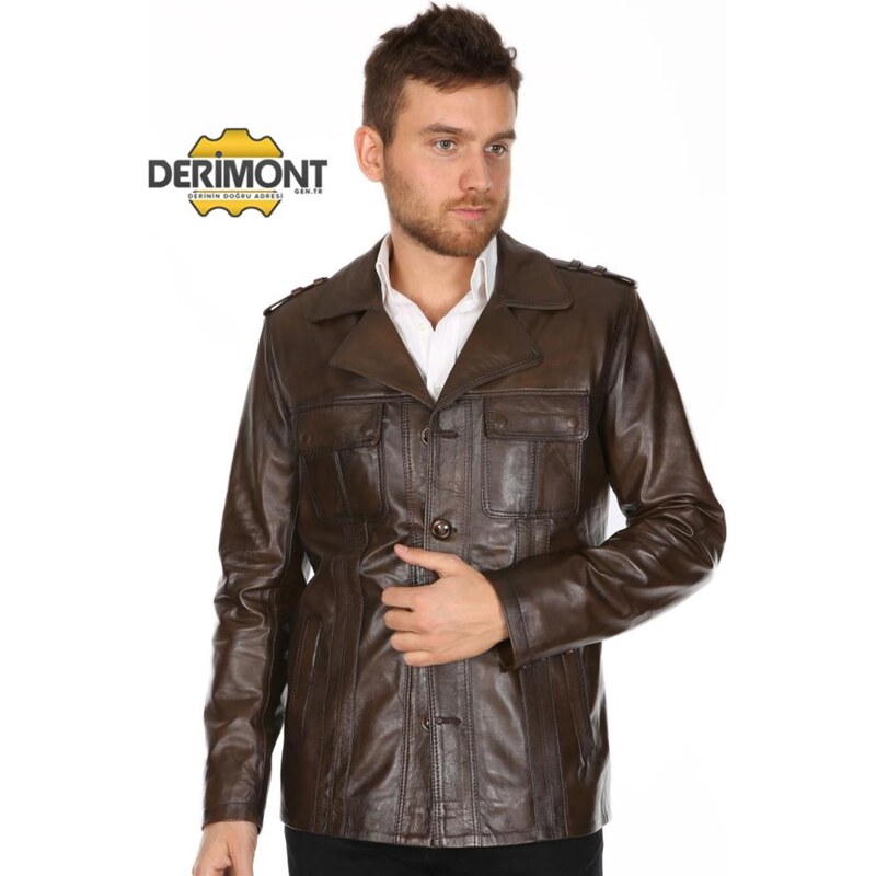 Derimont's Hakiki Kuzu Derisi Kahverengi Erkek Deri Mont Düğme Detaylı Deri Ceket