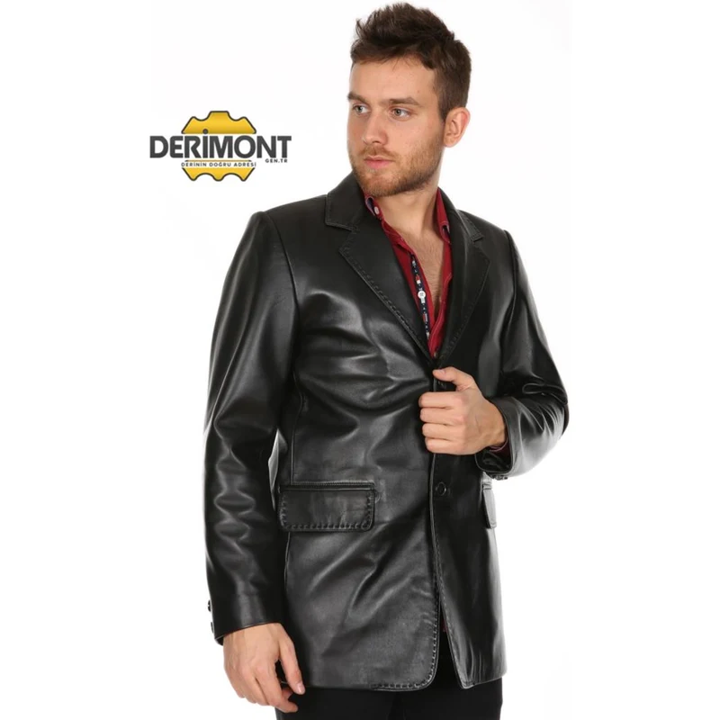 Derimont's Hakiki Deri Siyah Düğmeli İki Cepli Erkek Deri Ceket