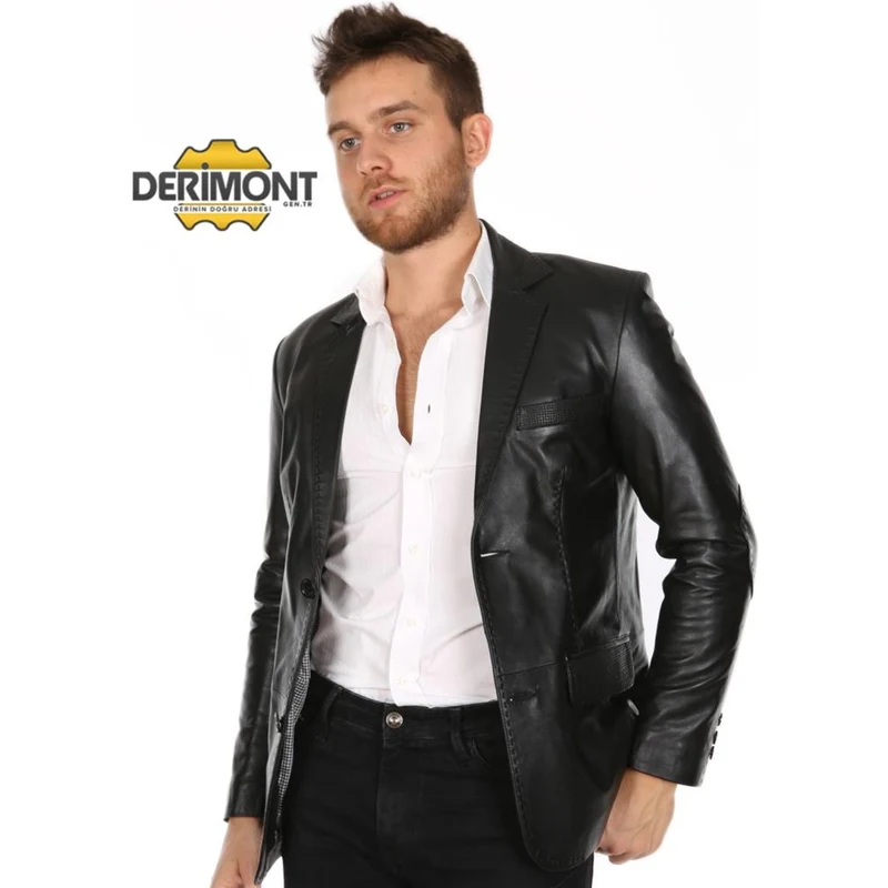 Derimont's Hakiki Deri Siyah Soft Düğmeli Erkek Deri Ceket