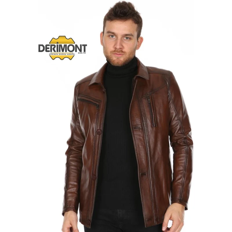 Derimont's Hakiki Deri Kahverengi Göalek Yaka Düğmeli Erkek Deri Ceket