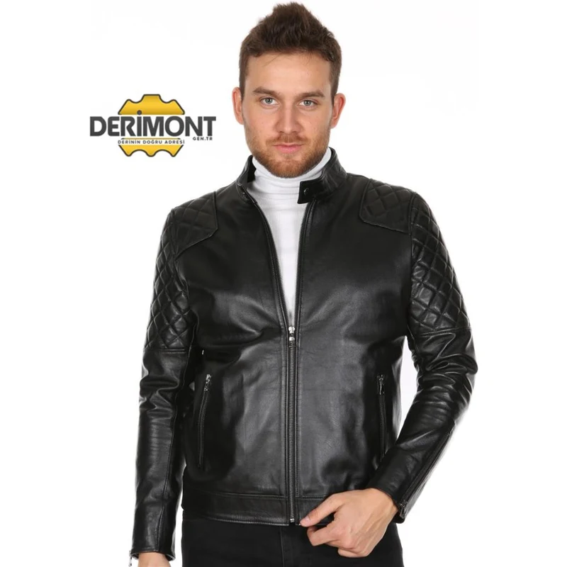 Derimont's Hakiki Deri Siyah Jack Omuz İşlemeli Erkek Deri Ceket