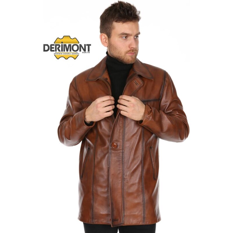 Derimont's Hakiki Deri Kahverengi Kevin Düğmeli Erkek Deri Ceket
