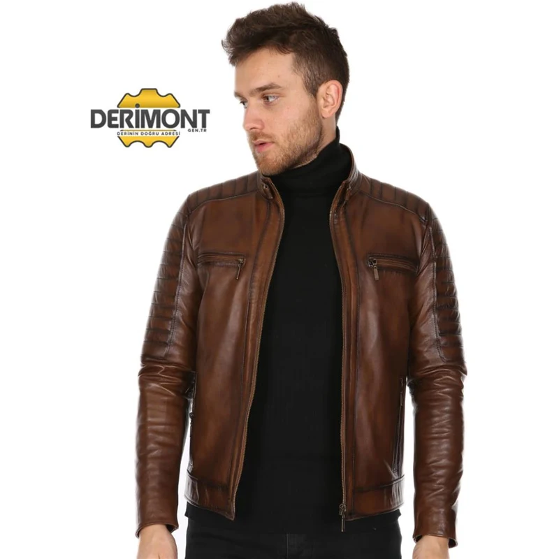 Derimont's Hakiki Deri Kahverengi Omuz İşlemeli Spor Erkek Deri Ceket