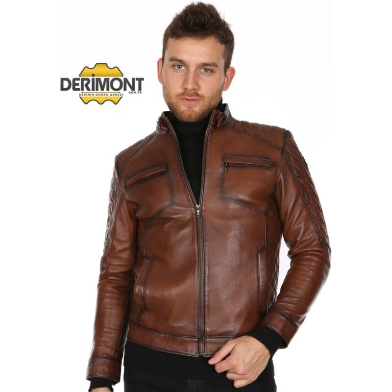 Derimont's Hakiki Deri Kahverengi Yan İşlemeli Erkek Deri Ceket