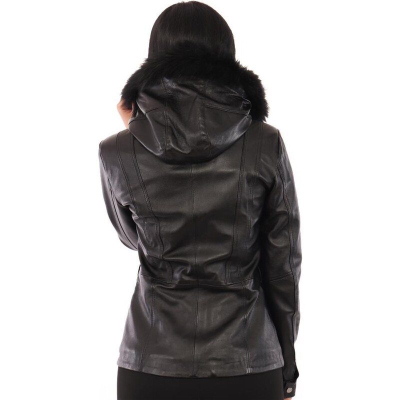 Derimont's Hakiki Deri Siyah Kapşon Kürklü Giosetta Kadın Ceket