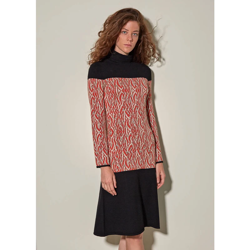 Flame Patterned Turtleneck Black Maxi Knit Dress