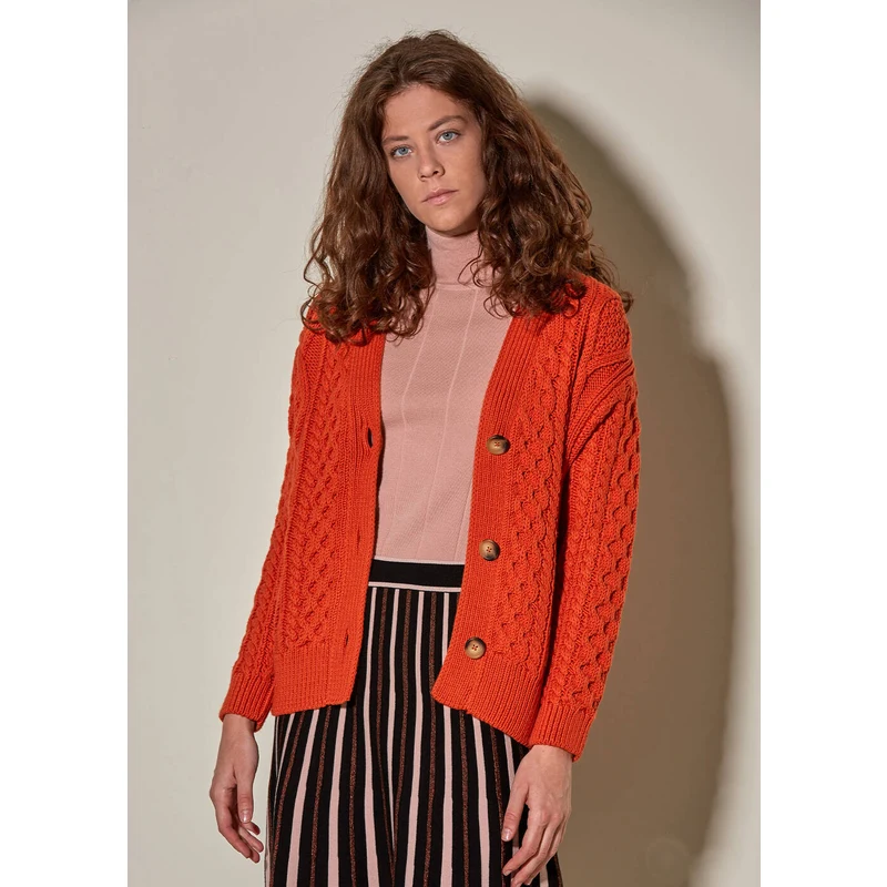 Pure Wool Orange Cable Knit Cardigan