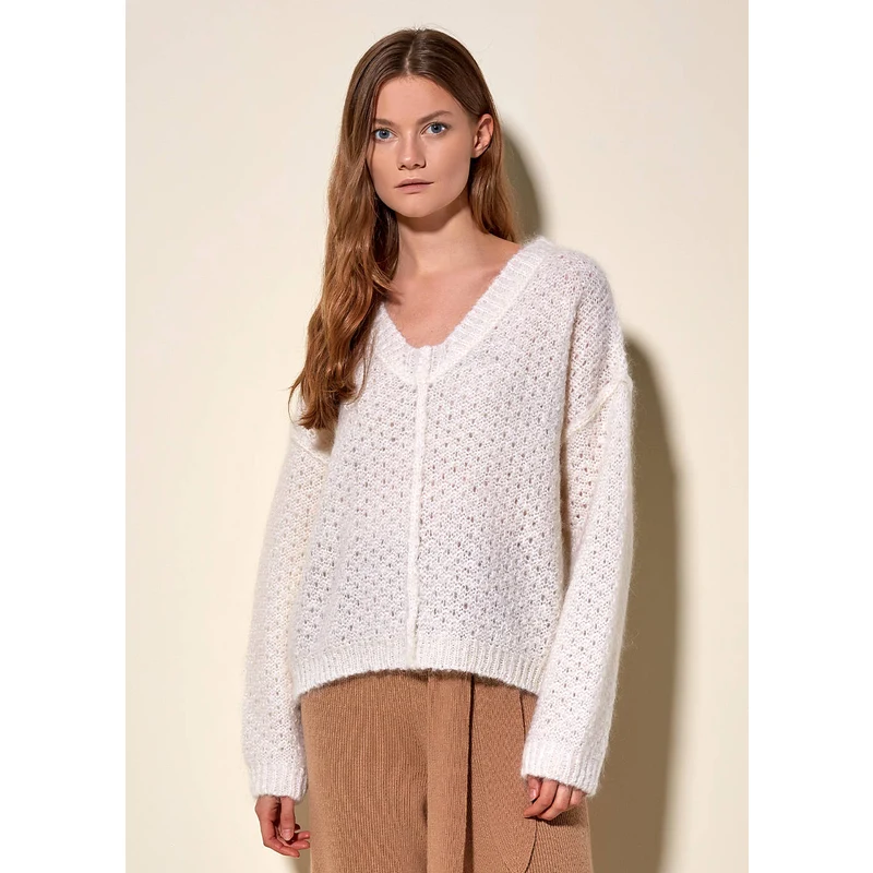 Italian Wool V Neck Ecru Knit Sweater