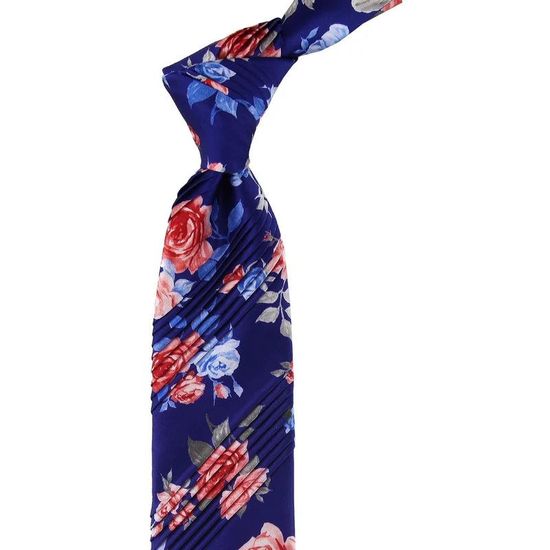 Kravatkolik Navy Blue Floral Pattern Pleated Silk Tie EST146
