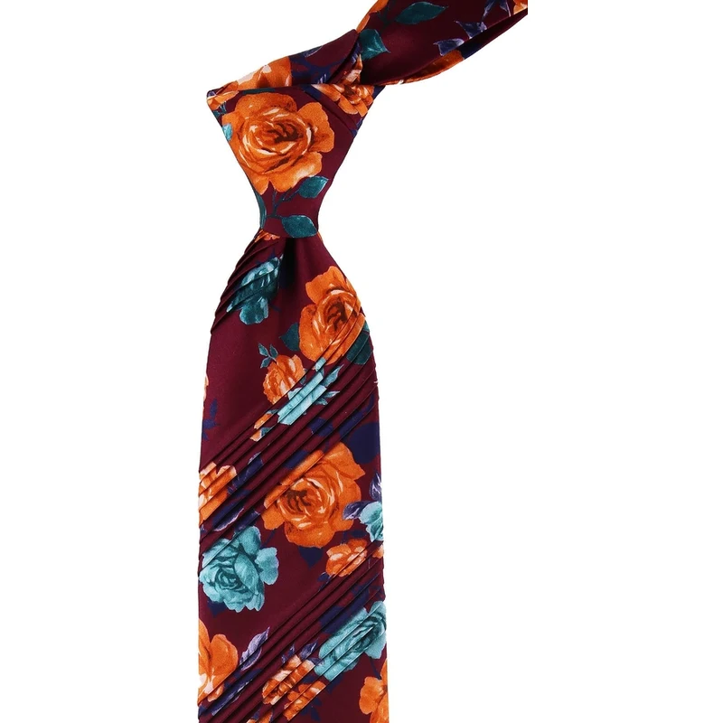 Kravatkolik Burgundy Floral Pattern Pleated Silk Tie EST147 SN9110