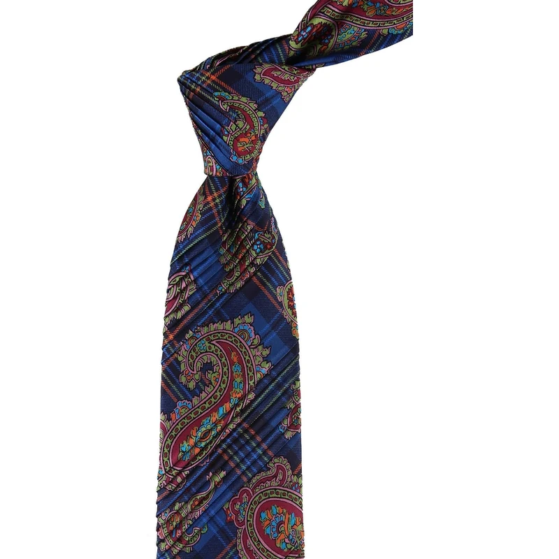 Kravatkolik Navy Blue Shawl Pattern Pleated Silk Tie EST140