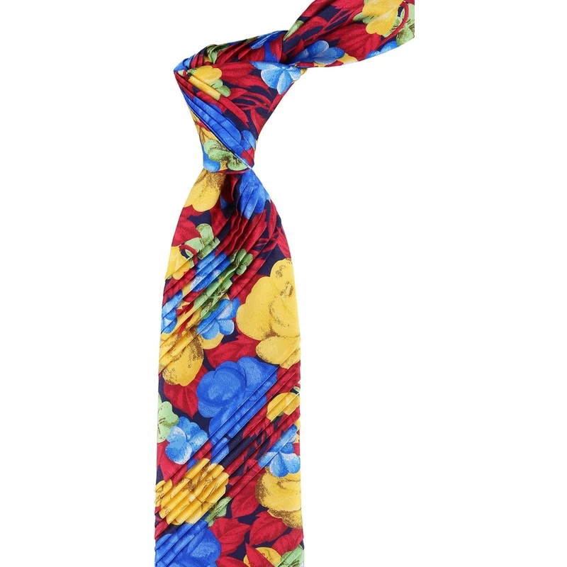 Kravatkolik Multi Color Floral Pattern Pleated Silk Tie EST137