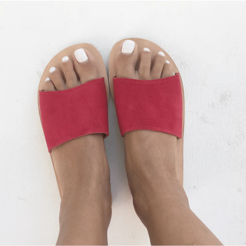 Grecian Sandals Red Suede Leather Slides