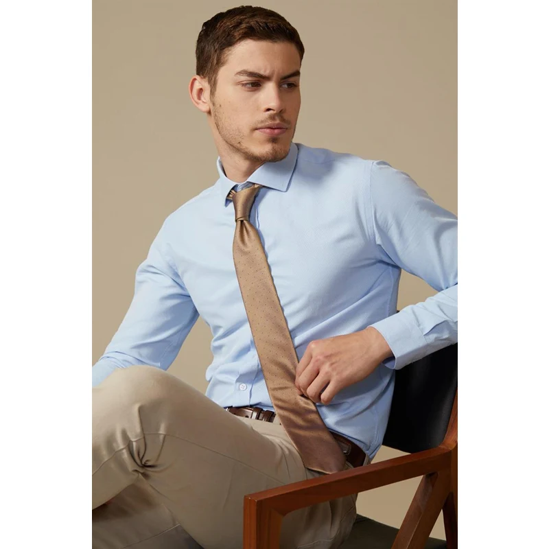 TUDORS Modern Slim Fit Pamuklu Kolay Ütü Armürlü Erkek Mavi Gömlek