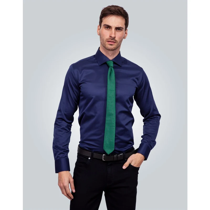 TUDORS Modern Slim Fit Düz Saten Pamuklu Erkek Gömlek