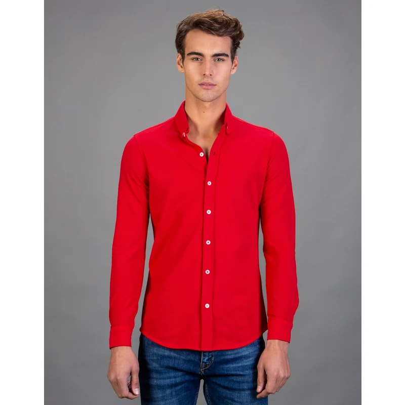 TUDORS Slim Fit Örme Spor Erkek Gömlek