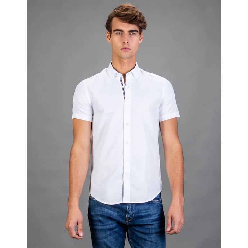 TUDORS Slim Fit Kısa Kol Poplin Oxford Erkek Beyaz Gömlek