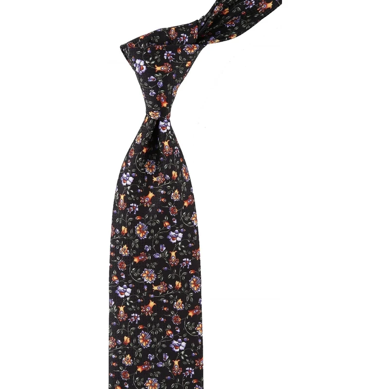 Kravatkolik Siyah Çiçek Desen Mendilli Klasik Kravat KK10715
