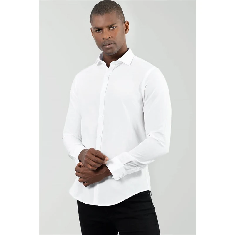 TUDORS Slim Fit Pamuklu Kolay Ütü Erkek Beyaz Gömlek