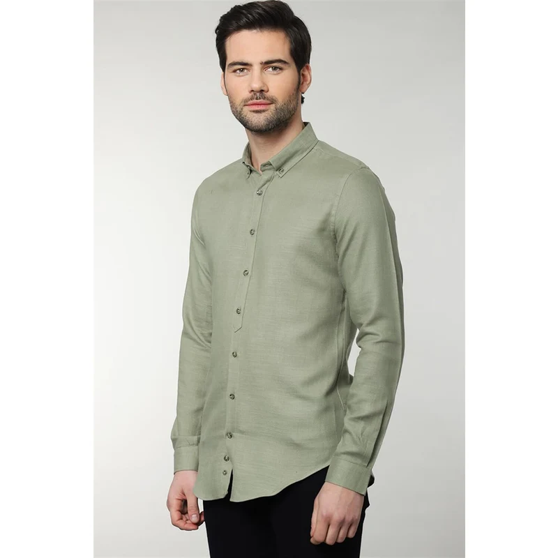 TUDORS Slim Fit Düz Viskon Erkek Gömlek