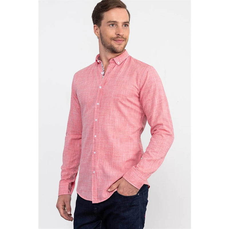 TUDORS Slim Fit Düz Flam Keten Erkek Gömlek