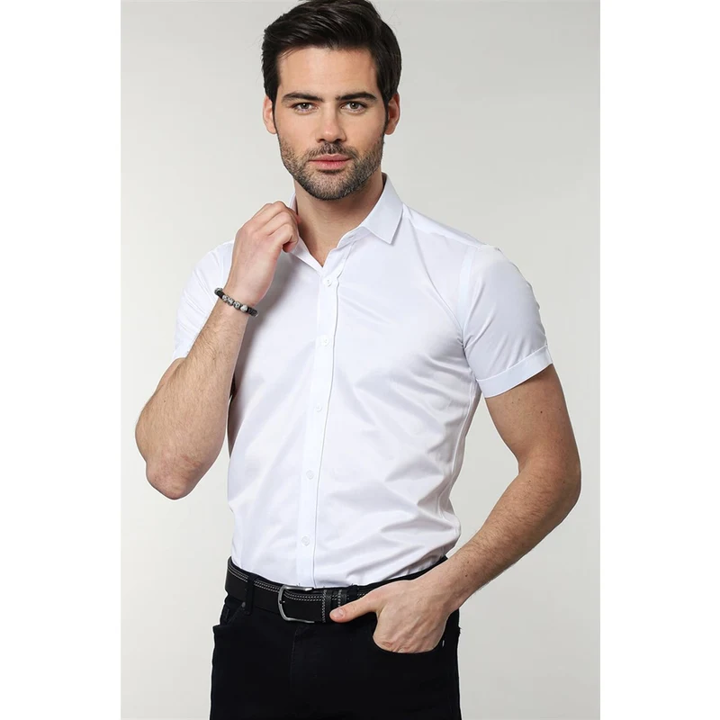 TUDORS Modern Slim Fit Kısa Kol Düz Saten Erkek Gömlek
