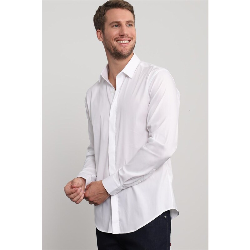 TUDORS Slim Fit Uzun Kollu Likralı Pamuk Erkek Beyaz Gömlek