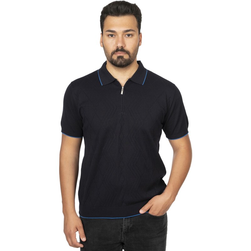 ALPHA UOMO Koyu Lacivert Desenli Fermuarl Polo Yaka Yazl k Triko T shirt 100 Emilcotoni Pamuk Glami