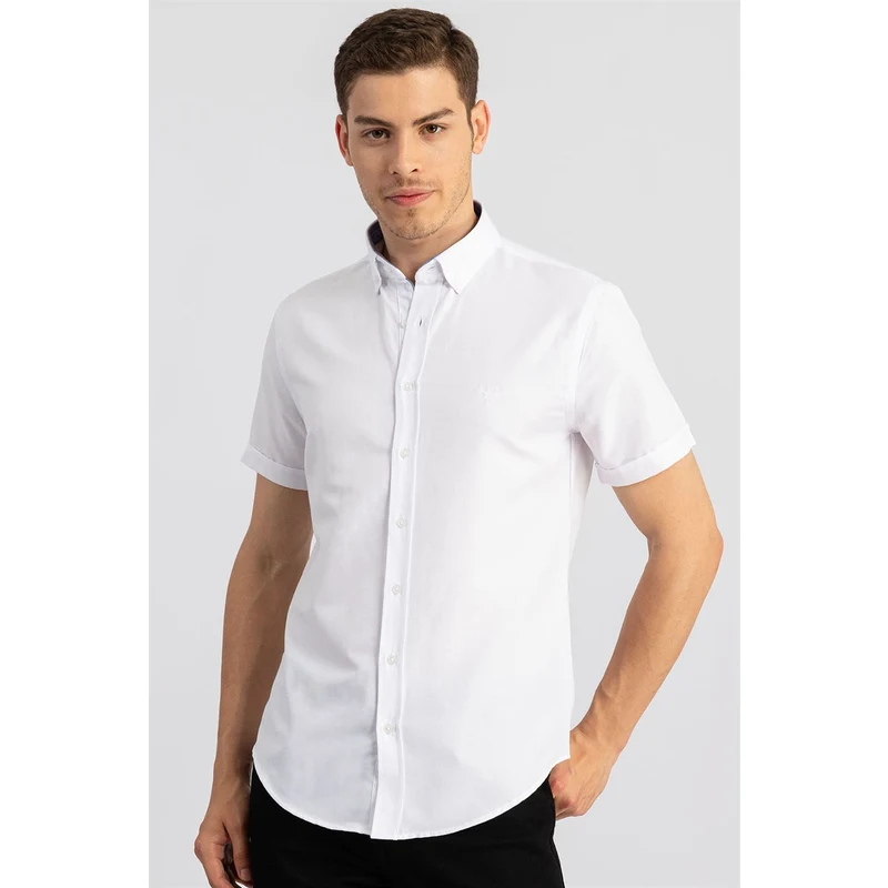 TUDORS Slim Fit Kısa Kol Poplin Oxford Erkek Beyaz Gömlek