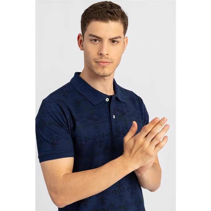 TUDORS Slim Fit Baskılı Polo Yaka Erkek Lacivert Tişört