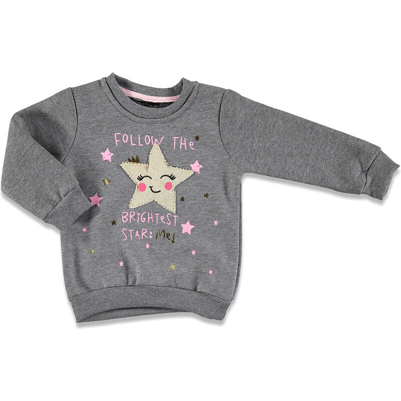 Tuffy Mutlu Surat Üç İp Baskılı Kız Bebek Sweatshirt - Gri Melanj