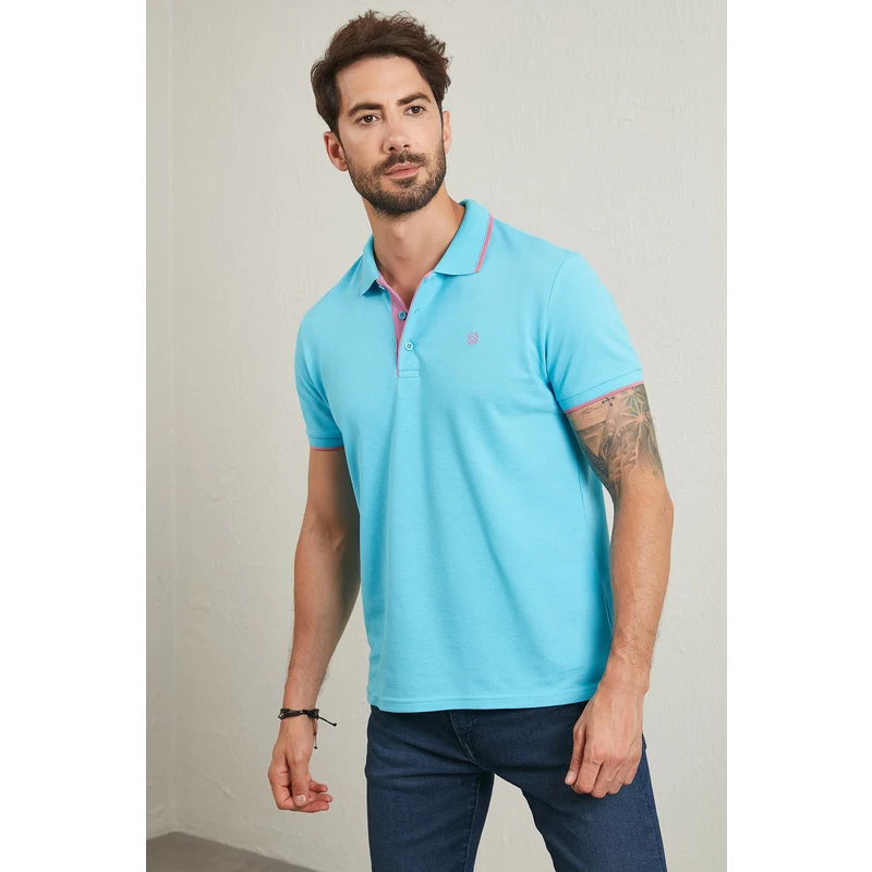 Buratti % 100 Pamuk Düğmeli Slim Fit Erkek Polo T Shirt 5902118 Aqua-mavi