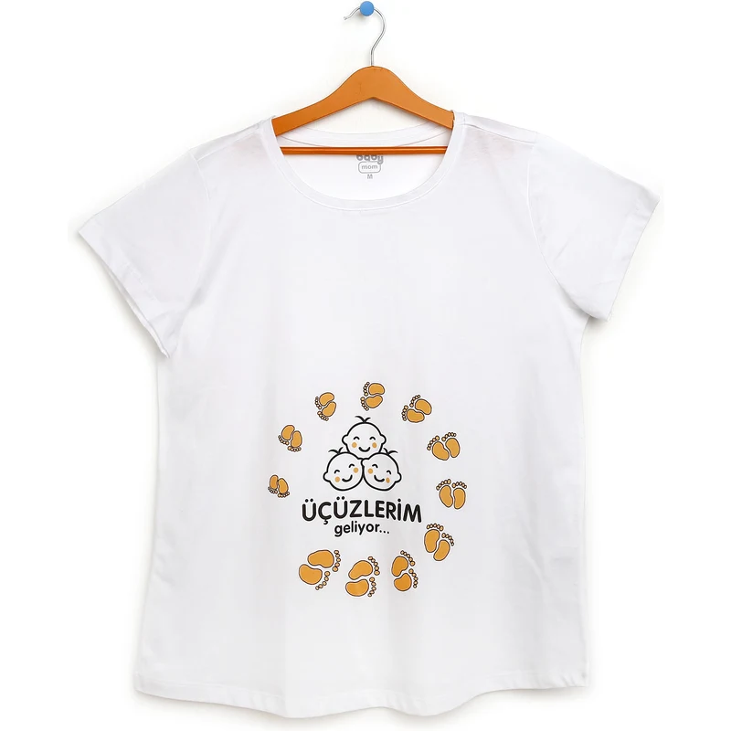 baby mom Babymom HAMİLE ÜÇÜZ BASKILI TSHİRT Hamile Kısa Kol Tshirt - Beyaz