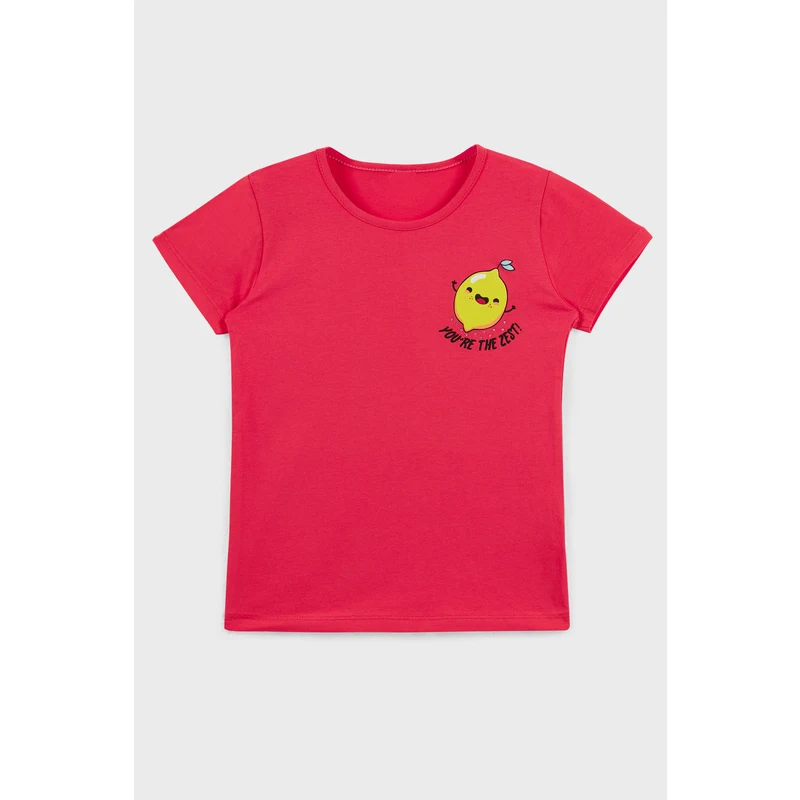 Lela Baskılı V Yaka % 100 Pamuk Kız Çocuk T Shirt 5922614 Nar Çiçeği
