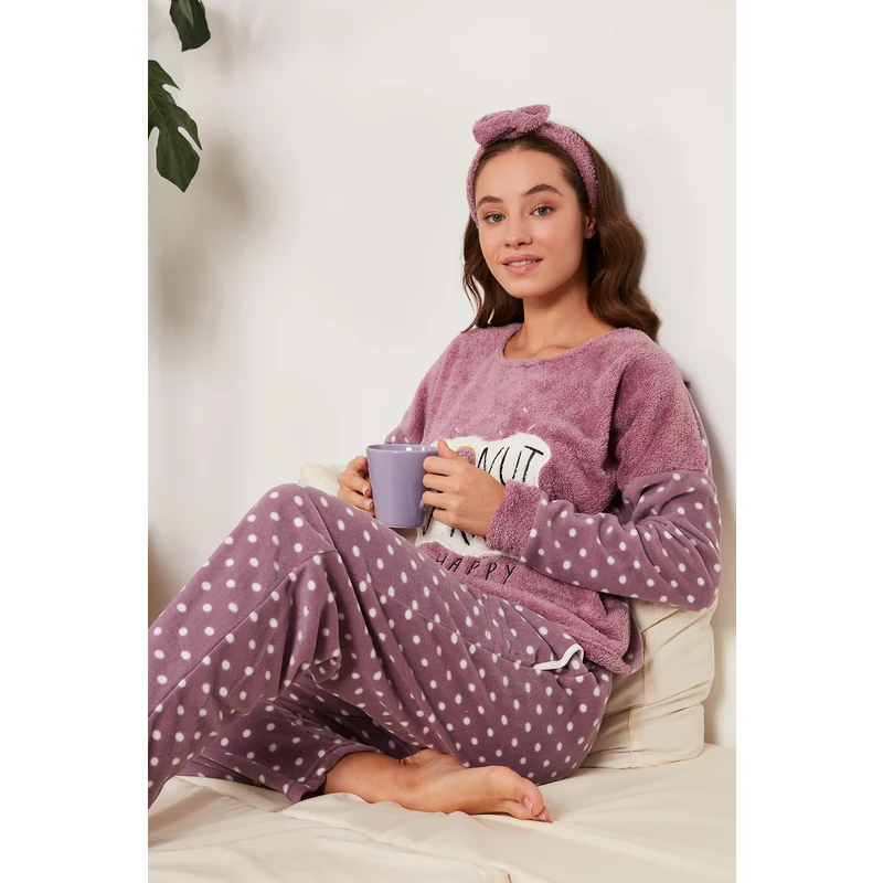 Lela Baskılı Puantiyeli Saç Bantlı Peluş Bayan Pijama Takımı 6094120 Lila