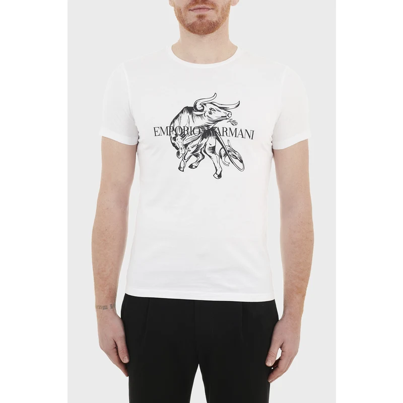 Emporio Armani Baskılı Bisiklet Yaka % 100 Pamuk Erkek T Shirt 3k1t8p 1jl7z 0150 Beyaz